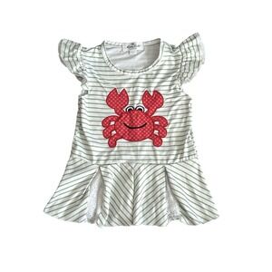 Marie Nicole Girls Dress Green Striped Happy Crab Appliqué 4T Large Summer Beach